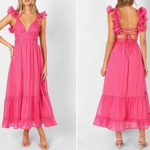NWOT Petal & pup Barbie pink Berry lace up corset back maxi dress sz S